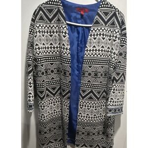 VTG Joni B. Black White Geometric Open Front‎ Lightweight 3/4 Sleeve Jacket XL